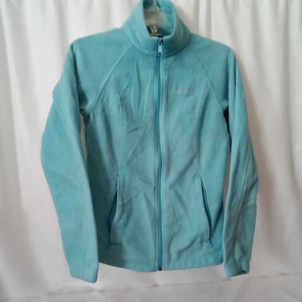 Columbia Womens Full Zip Fleece Jacket Turquoise Blue Mock Neck Small Soft Shell